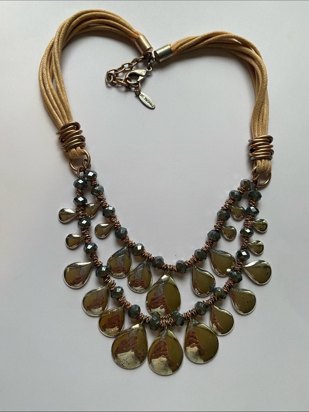 St Thomas  Cord Multistrand Teardrop Necklace  Metallic drops  & crystal